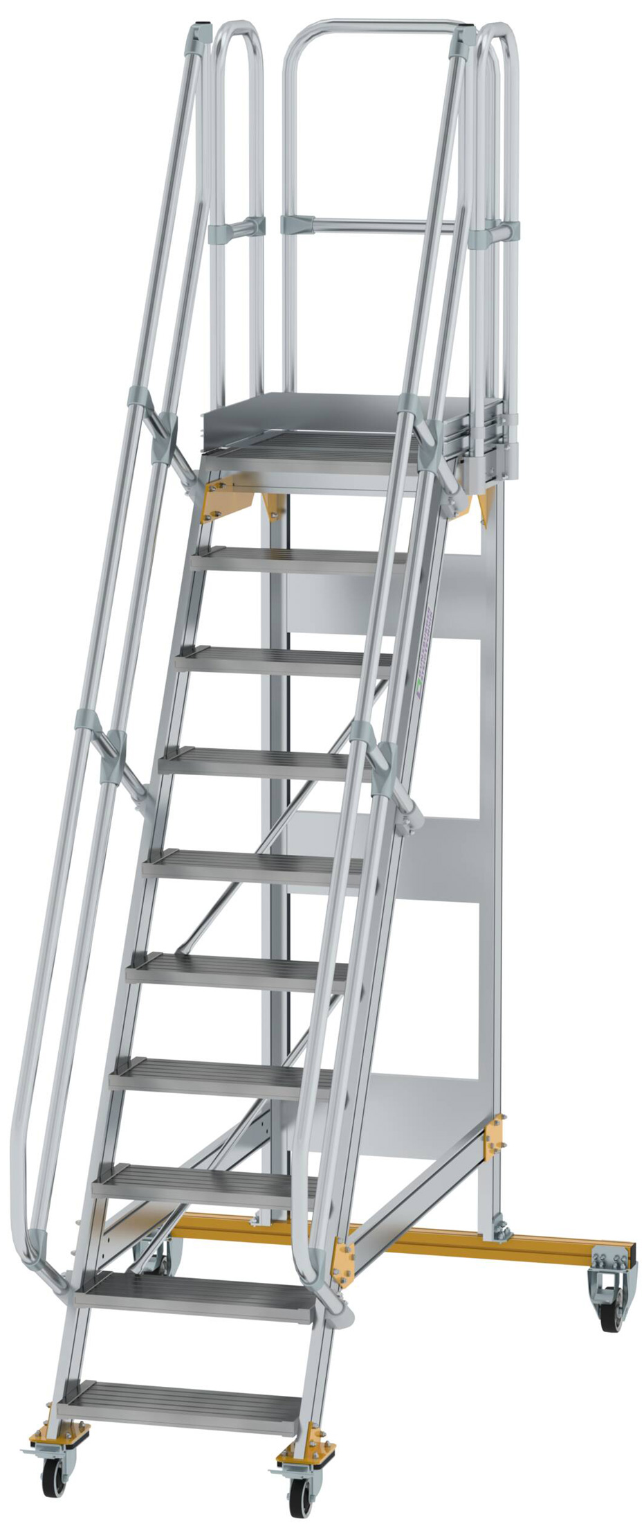 Günzburger Podesttreppe fahrbar 60° 10 Stufen - 600 mm breit Alutreppe fahrbar mit Umlaufgeländer - Stufenausführung Alu gerieft (GB-600710) Bild-01
