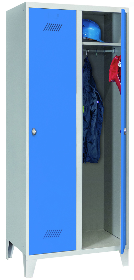 Pavoy Spind mit Füßen 1850 x 800 x 500 mm - 2 Abteile mit Drehriegel - RAL 7035 | 5012 Garderobenschrank Stahl Fachbreite 400 mm mit Hutboden und Kleiderstange - Korpus lichtgrau | Türen lichtblau (PA-60201-214-032-735512) Bild-01