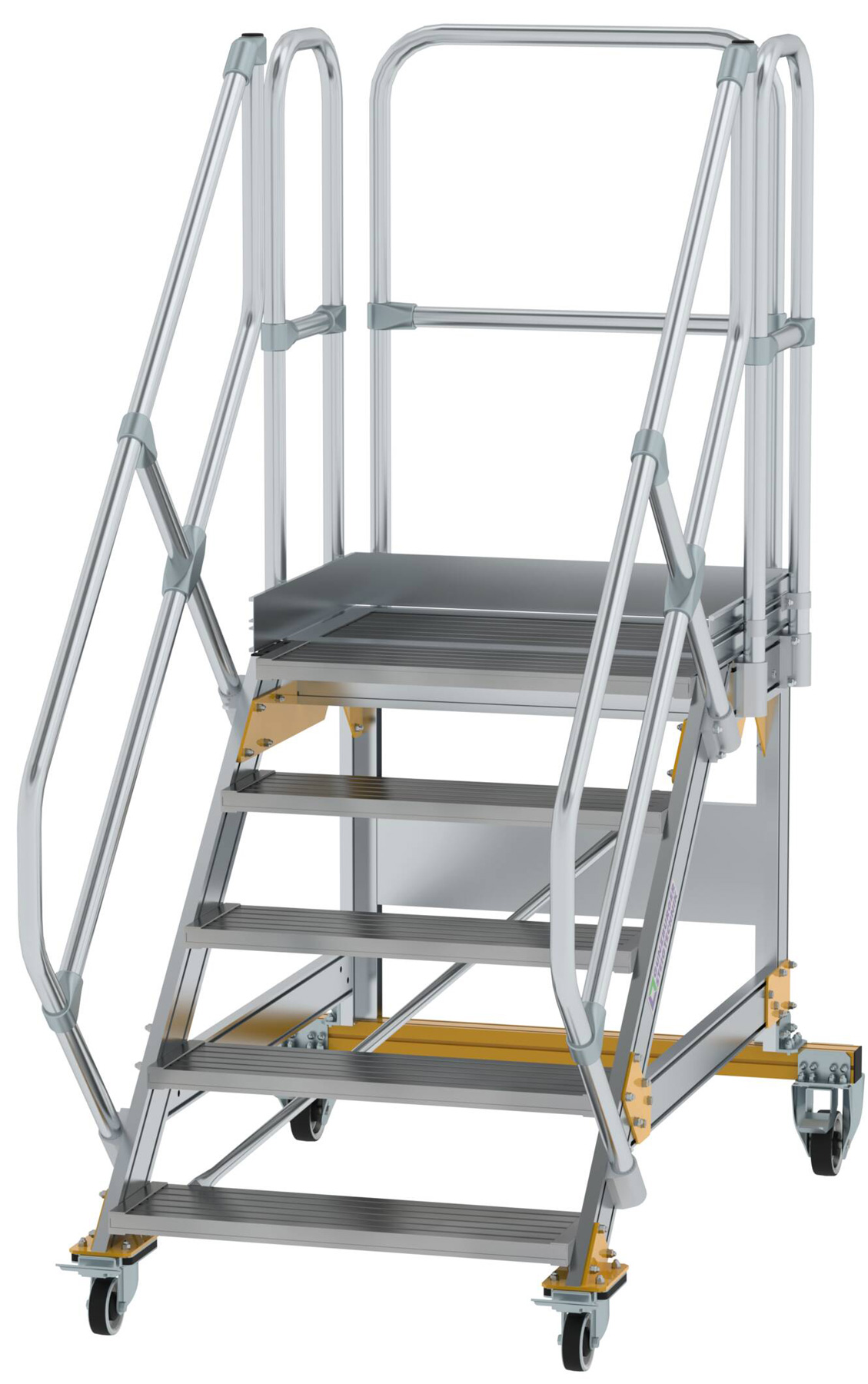 Günzburger Podesttreppe fahrbar 45° 5 Stufen - 800 mm breit Alutreppe fahrbar mit Umlaufgeländer - Stufenausführung Alu gerieft (GB-600785) Bild-01