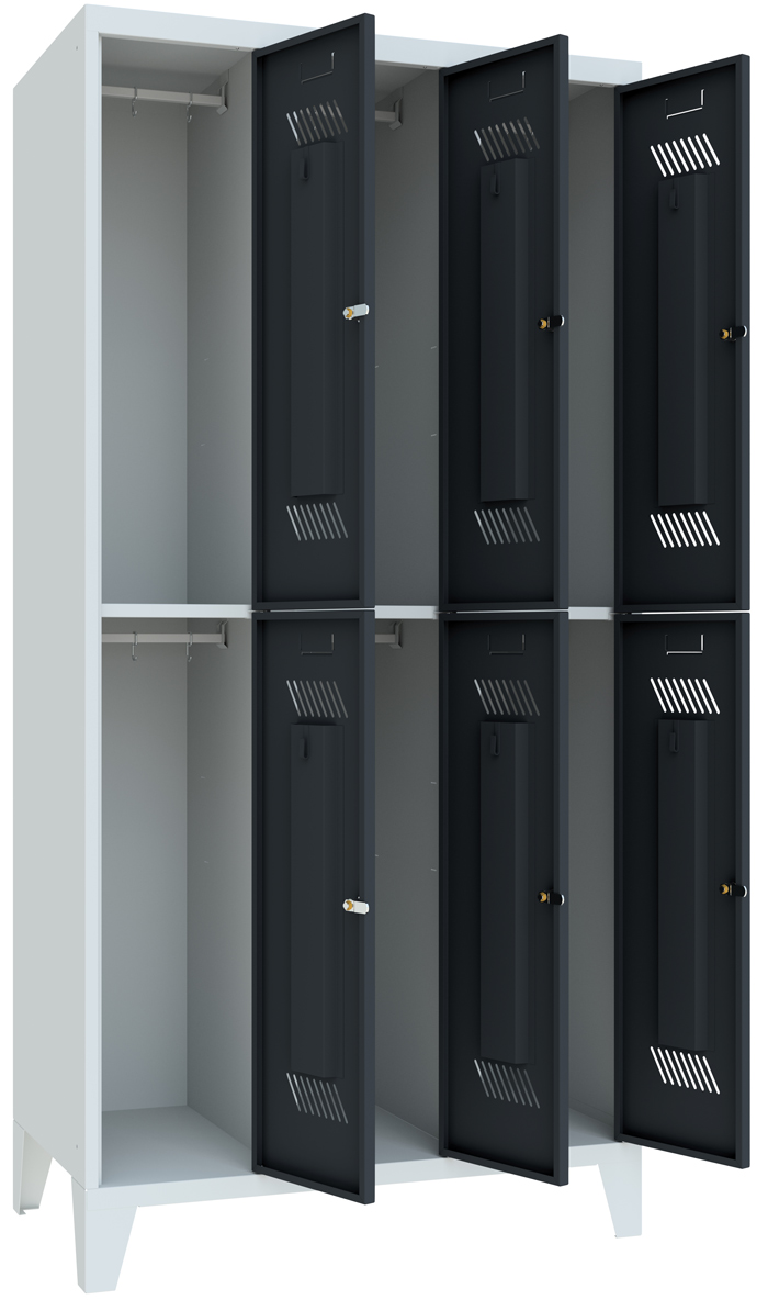 Pavoy Schließfach Spind mit Füßen 1850 x 900 x 500 mm - 6 Abteile mit Zylinderschloss - RAL 7035 | 7016 Schließfach Schrank Stahl Fachbreite 300 mm mit Kleiderstange - Korpus lichtgrau | Türen anthrazitgrau (PA-60260-323-031-735716) Bild-01