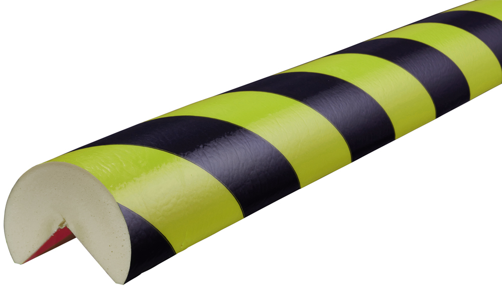 Knuffi Eckschutzprofil Typ A+ Ø 60 mm neon | schwarz PU - 1,00 m Standard Warnschutz Profil Rundprofil mit Winkelaussparung aus Polyurethan - Eckprofil gestreift mit selbstklebenden Kanten (SM-PA-11711) Bild-01
