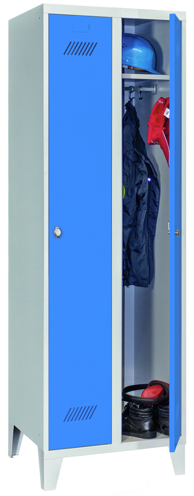 Pavoy Spind mit Füßen 1850 x 600 x 500 mm - 2 Abteile mit Drehriegel - RAL 7035 | 5012 Garderobenschrank Stahl Fachbreite 300 mm mit Hutboden und Kleiderstange - Korpus lichtgrau | Türen lichtblau (PA-60201-213-032-735512) Bild-01