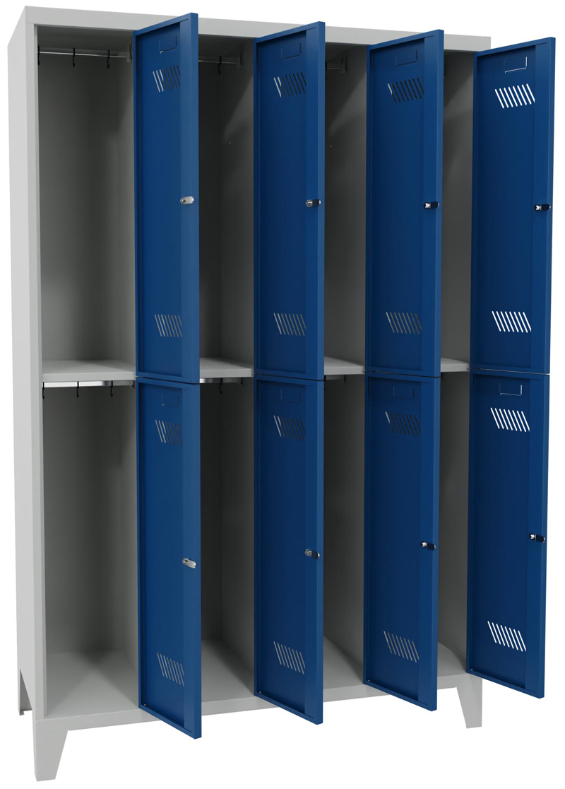 Pavoy Schließfach Spind mit Füßen 1850 x 1200 x 500 mm - 8 Abteile mit Zylinderschloss - RAL 7035 | 5010 Schließfach Schrank Stahl Fachbreite 300 mm mit Kleiderstange - Korpus lichtgrau | Türen enzianblau (PA-60260-423-031-735510) Bild-01