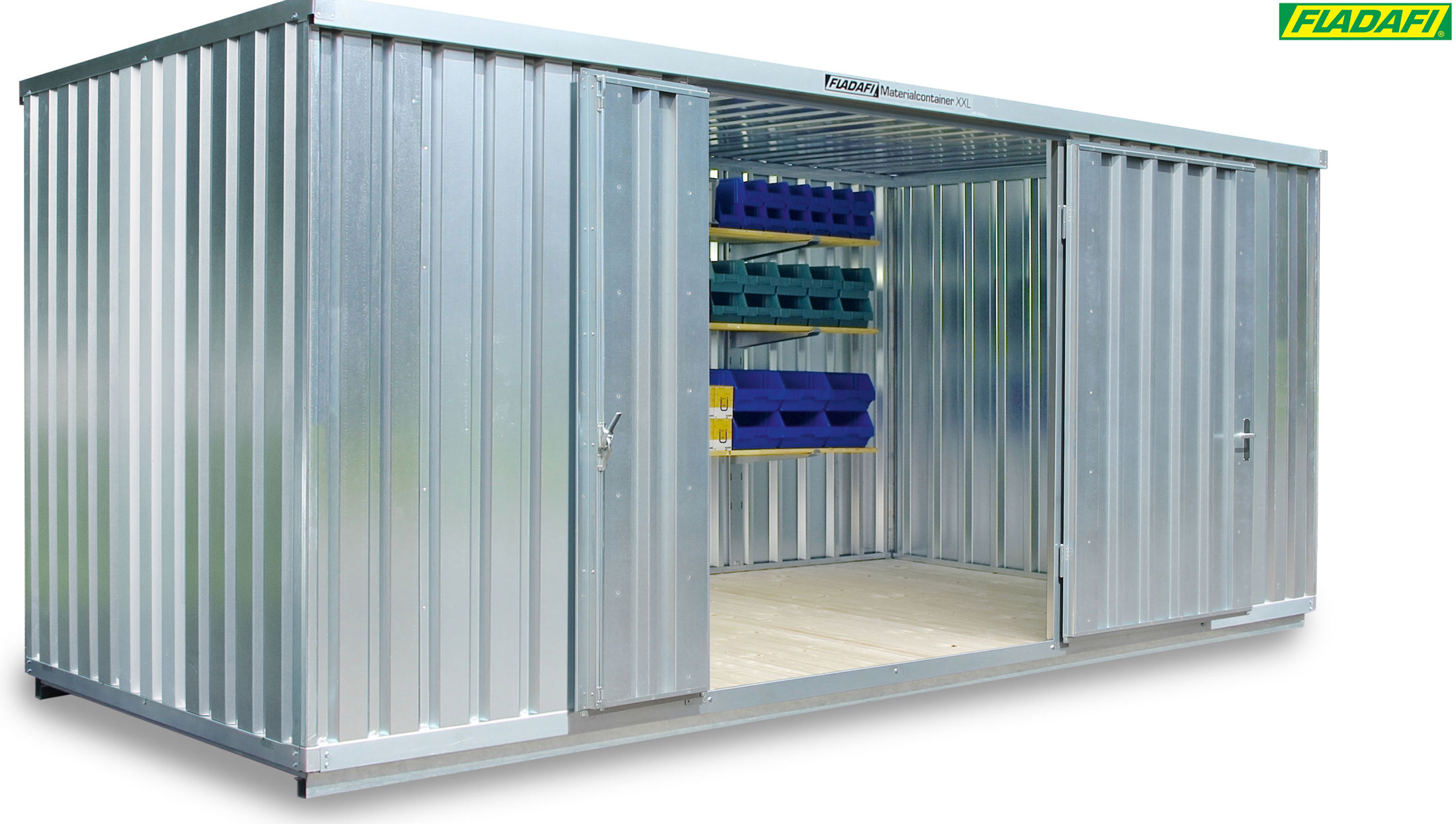 FLADAFI Materialcontainer 6020 x 2540 x 2595 mm mit Holzboden - 2-flügelige Tür auf 6 m Seite Container MC 1600 XXL mit Tür 1825 x 2260 mm - Lagercontainer 14 m² montiert (SB-F2516200201) Bild-01