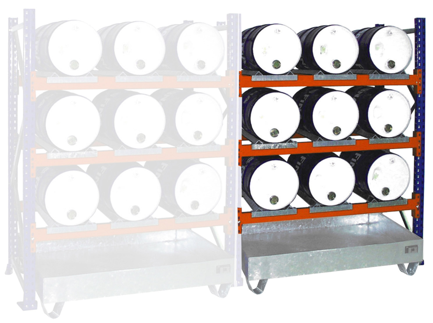 Bauer Fassregal Stahl Serie 3005 Anbaufeld 2000 x 1430 x 800 mm - 3E|AW 60 Gefahrstoffregal pulverbeschichtet - Lagerung 9 x 60 l Fass liegend - Auffangwanne verzinkt ohne Gitterrost (BA-4473-06-0000-7) Bild-01