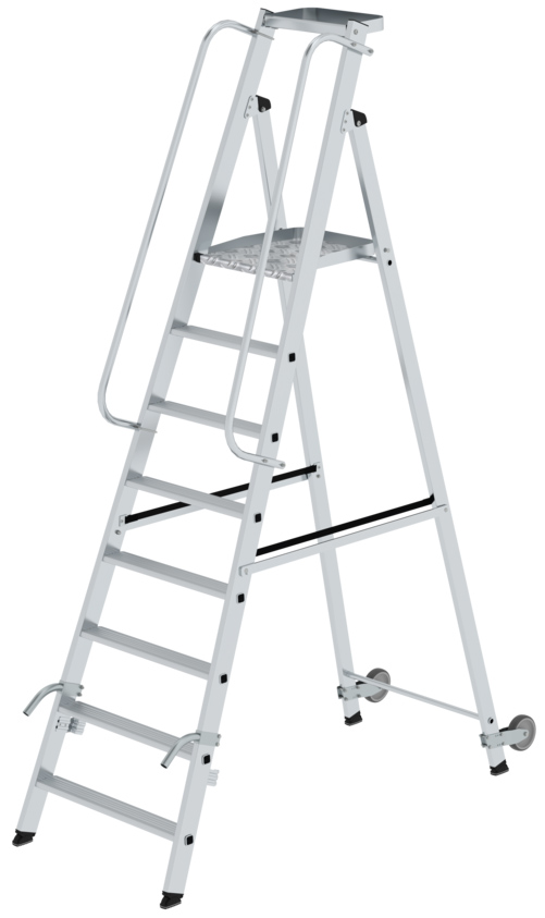 Günzburger Stehleiter mit Rollen und Griff Alu 8 Stufen Leiter mit großer Plattform und Ablageschale - einseitig begehbar (GB-51088) Bild-01