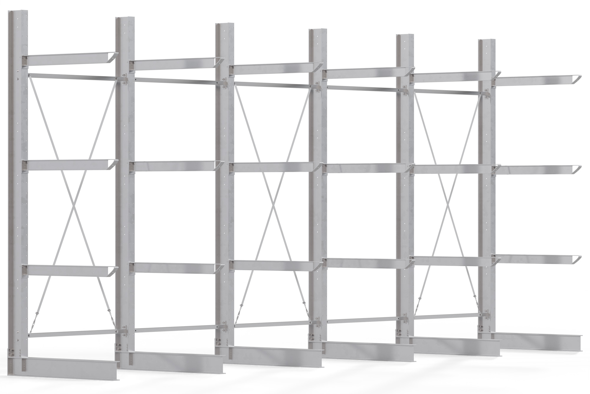 Regalwerk KARL HEAVY 2700 Kragarmregal einseitig Komplettset 3500 x 7560 x 1380 mm Schwerlastregal verzinkt 5 Felder mit Kragarmlast 800 kg | Ständerlast 2700 kg - 4 Ebenen | Kragarme frei verstellbar (RW-B6-70400-12-S4) Bild-01