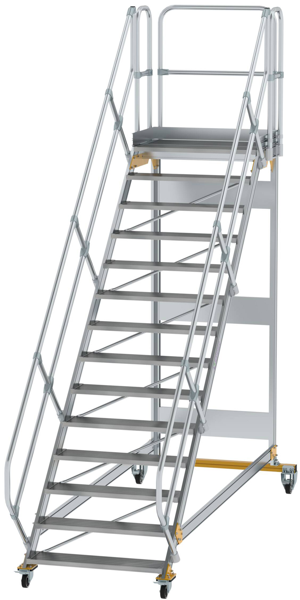 Günzburger Podesttreppe fahrbar 45° 14 Stufen - 1000 mm breit Alutreppe fahrbar mit Umlaufgeländer - Stufenausführung Alu gerieft (GB-600814) Bild-01
