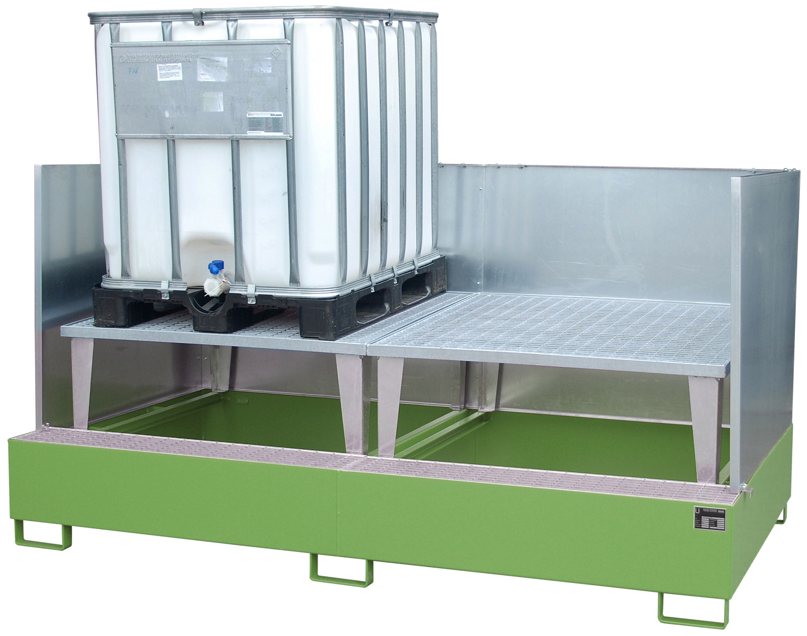Bauer Auffangwanne Stahl AWA 1000-2|SW - RAL 6011 Gefahrstoffwanne resedagrün pulverbeschichtet mit Abfüllbock und Spritzschutzwand - Stahlwanne mit 1000 Liter Auffangvolumen (BA-4402-78-2000-4) Bild-01