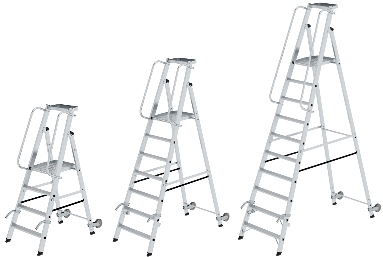 Günzburger Stehleiter mit Rollen und Griff Alu 4 - 10 Stufen Leiter mit großer Plattform und Ablageschale - einseitig begehbar (GB-C-51084) Bild-01