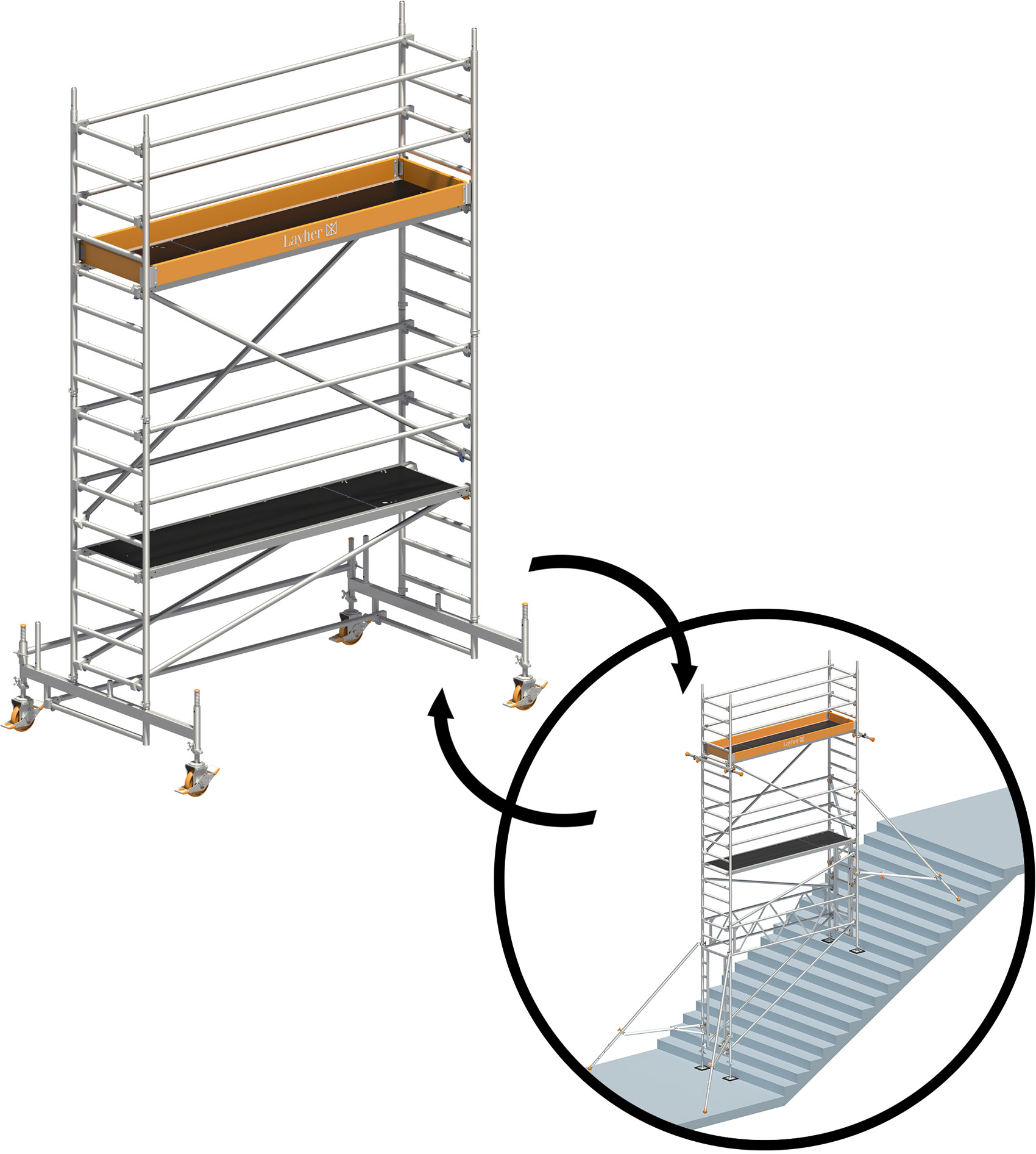 Rollgerüst Layher Uni Standard P2 hawego PLUS - AH 5,35 m | 7,73 m Gerüst mit TreppenKit-Optimierung - Arbeitshöhe Fahrgerüst 5,35 m | Treppengerüst 7,73 m (LS-1401103-HP) Bild-01