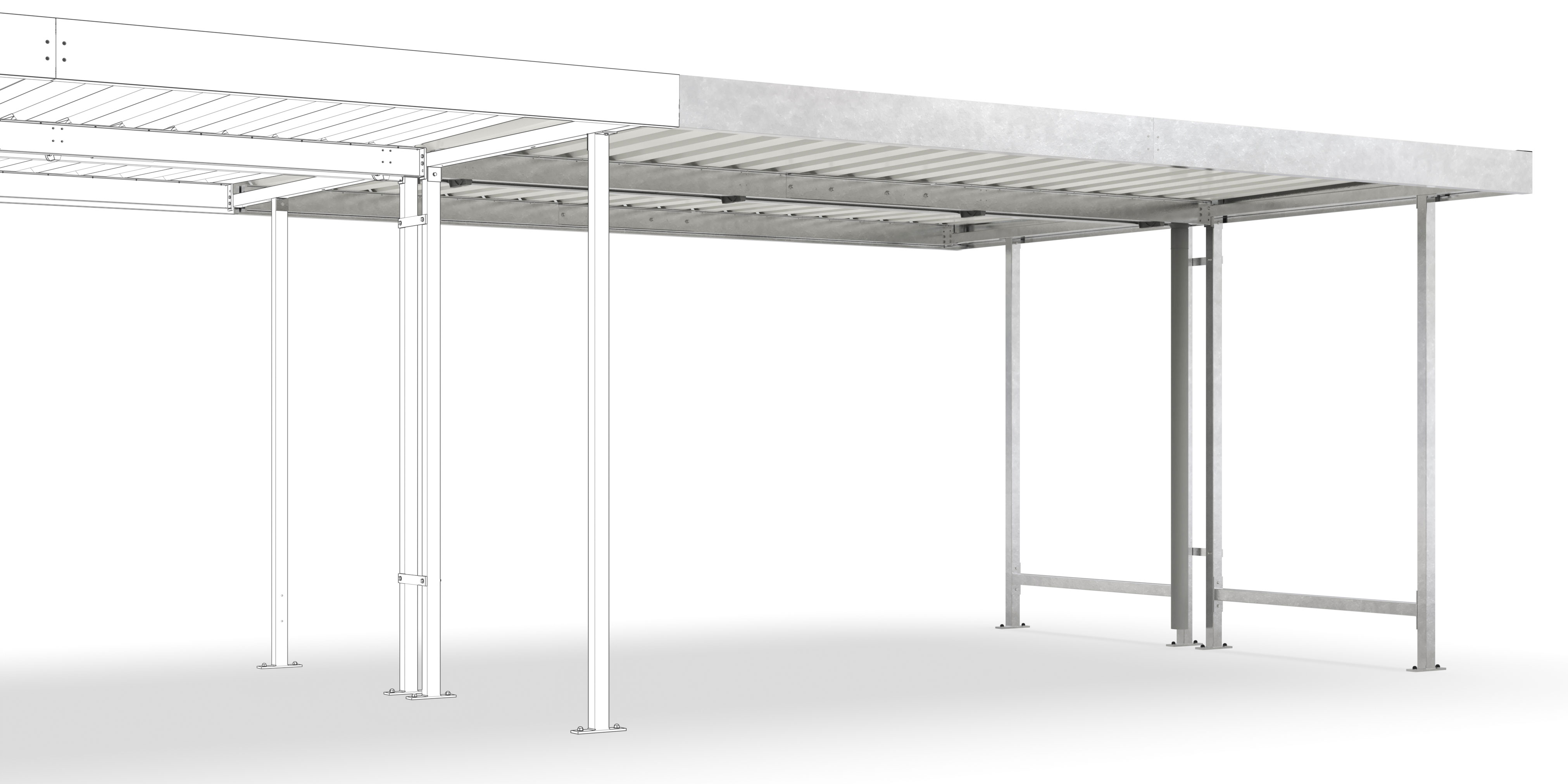 WSM Überdachung Leipzig doppelseitig - L45 Anbaueinheit Bausatz - Verzinkt Unterstanderweiterung Stahl verzinkt mit Trapezblechdach grauweiß - Fahrradunterstand Anbauelement ohne Wandelemente (WSM-102000094) Bild-01