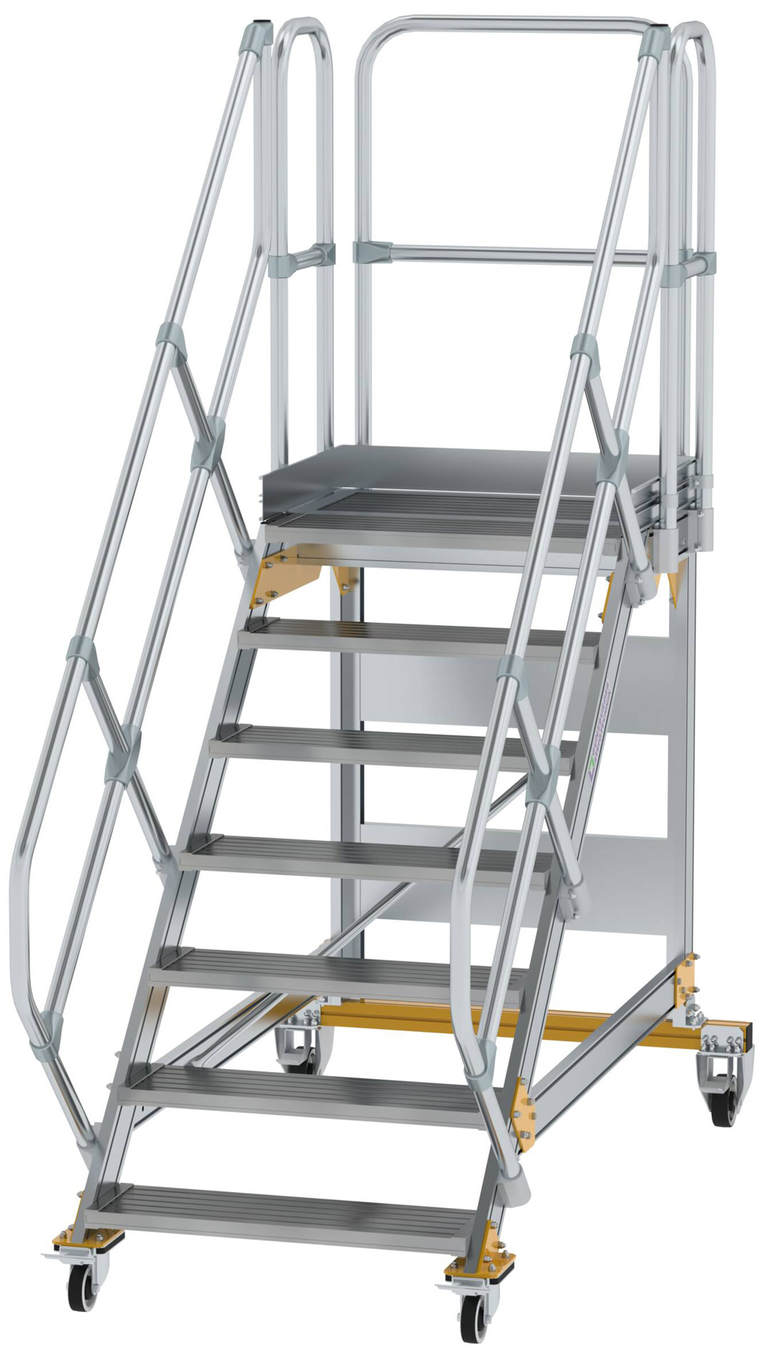 Günzburger Podesttreppe fahrbar 45° 7 Stufen - 800 mm breit Alutreppe fahrbar mit Umlaufgeländer - Stufenausführung Alu gerieft (GB-600787) Bild-01