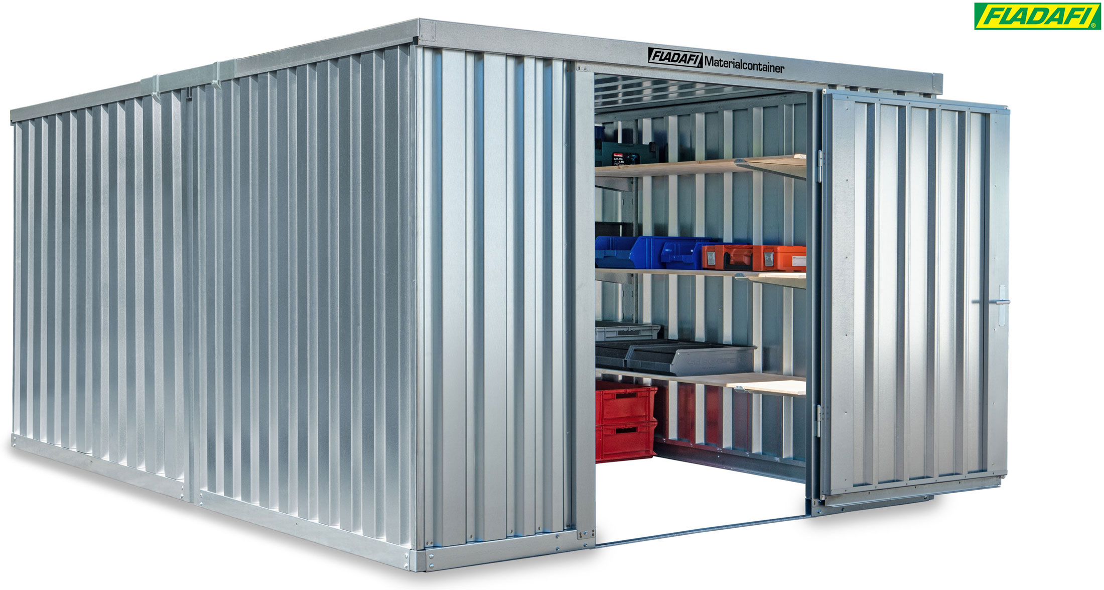 FLADAFI Materialcontainer Kombination 3050 x 4340 x 2150 mm ohne Holzboden - 1-flügelige Tür auf 3 m Seite Container MC 1340 mit Tür 1270 x 1890 mm - Container Kombi 12 m² - Lagercontainer unmontiert (SB-F13430101) Bild-01