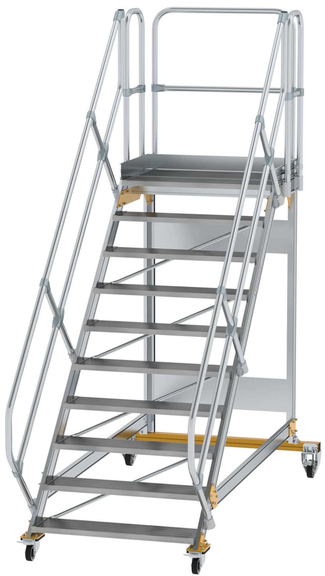 Günzburger Podesttreppe fahrbar 45° 10 Stufen - 1000 mm breit Alutreppe fahrbar mit Umlaufgeländer - Stufenausführung Alu gerieft (GB-600810) Bild-01