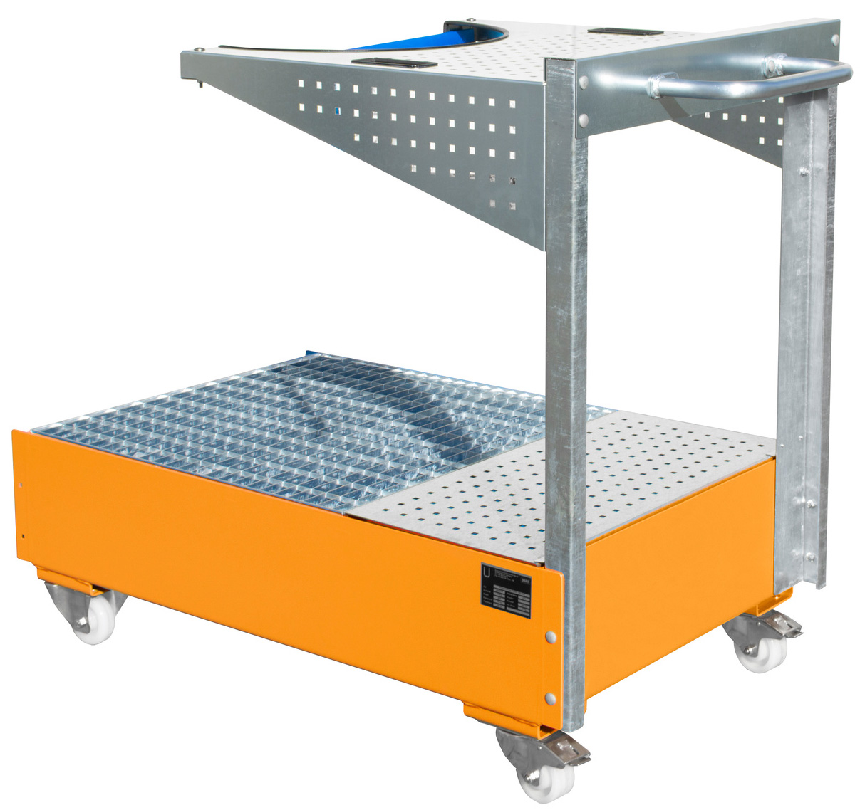 Bauer Auffangwanne fahrbar Stahl LPW 200-4 - RAL 2000 Gefahrstoffwanne mobil gelborange pulverbeschichtet mit Gitterrost und Haltevorrichtung - Stahlwanne für 1 Fass 200 Liter (BA-4447-61-0000-1) Bild-01