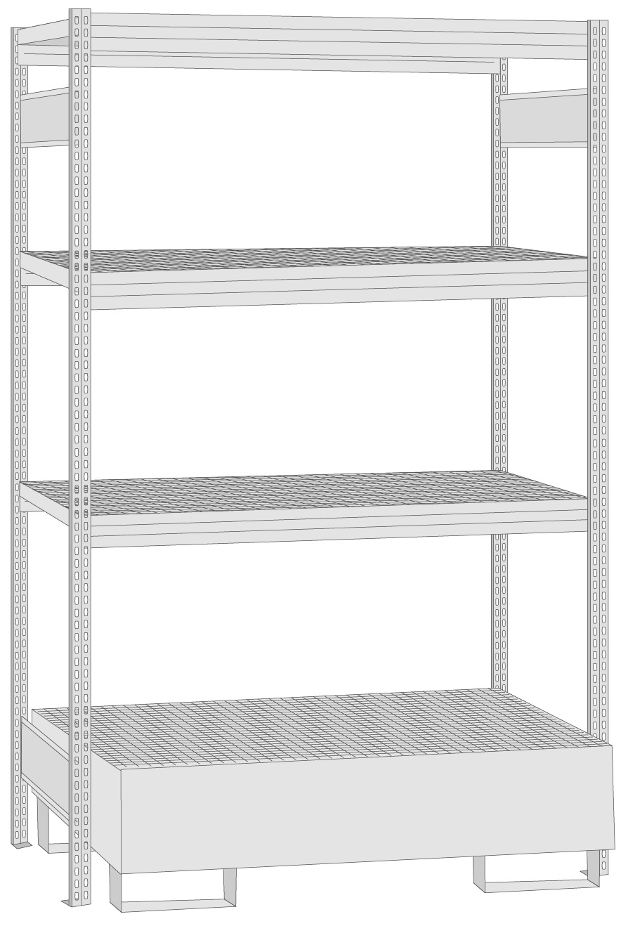 Regalwerk BERT Umweltregal Gitterrost | Auffangwanne Grundregal 2000 x 1285 x 600 mm Regal mit Tiefenriegel - Fachlast 250 kg - 3 Gitterrostebenen - 1 Auffangwanne (RW-B3-65112-60) Bild-01