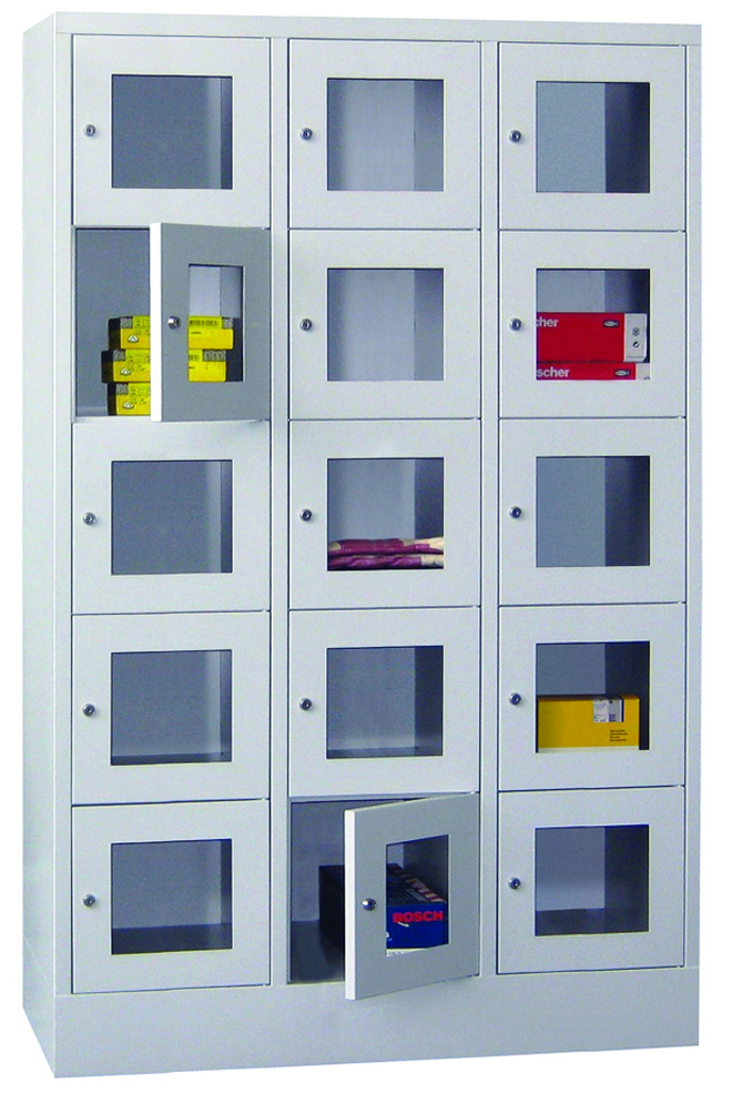 Pavoy Schließfachschrank mit Sockel und Sichtfenstertüren 1850 x 1200 x 500 mm - 5 x 3 Fächer mit Zylinderschloss - RAL 7035 Wertfachschrank Stahl Fachbreite 400 mm | 15 Fächer - Korpus lichtgrau | Türrahmen lichtgrau (PA-61213-354-091-735) Bild-01