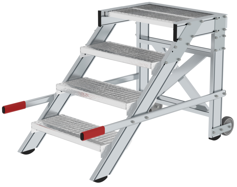 Günzburger Arbeitspodest 600 fahrbar Alu 4 Stufen SG Anstieg mit Rollen - Stahl-Gitterrost - 600 mm breit (GB-50432) Bild-01