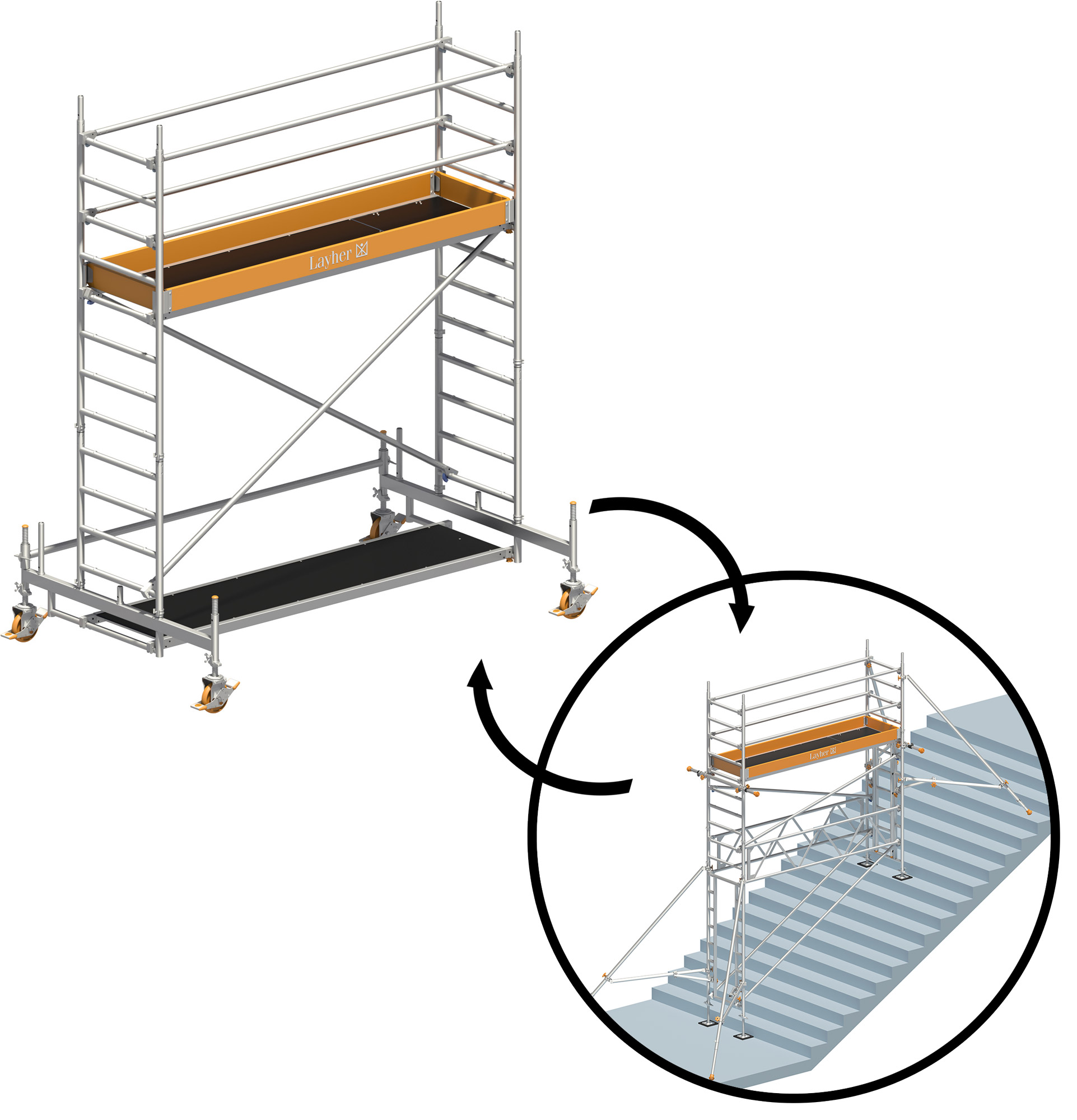 Rollgerüst Layher Uni Standard P2 hawego PLUS - AH 4,35 m | 5,73 m Gerüst mit TreppenKit-Optimierung - Arbeitshöhe Fahrgerüst 4,35 m | Treppengerüst 5,73 m (LS-1401102-HP) Bild-01