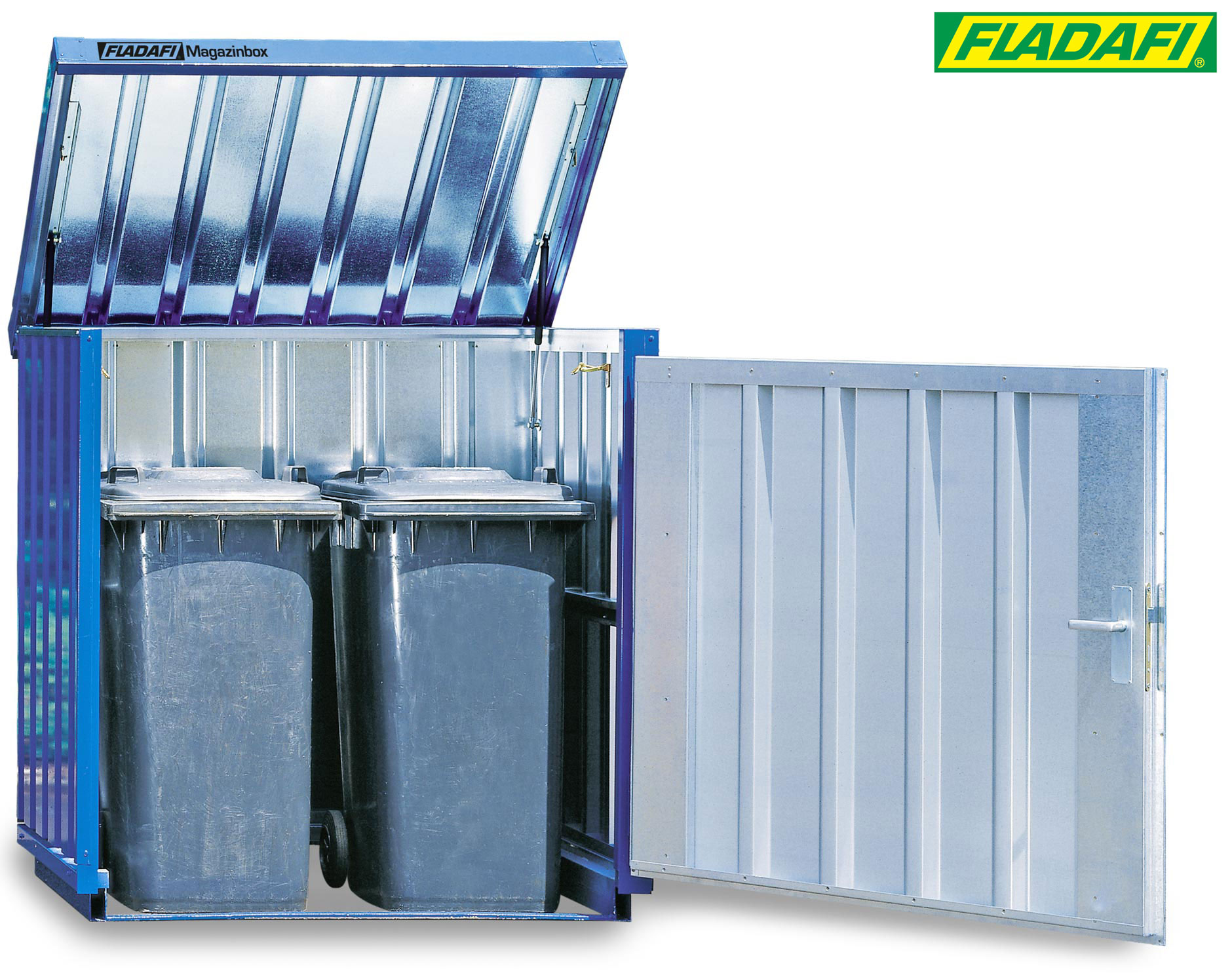 FLADAFI Magazinbox 1420 x 1080 x 1470 mm - ohne Boden Magazincontainer MB 2 mit Tür 1270 x 1250 mm - Lagerbox 1 m² mit hochklappbarem Dach - Containerbox fertig montiert (SB-F2603) Bild-01