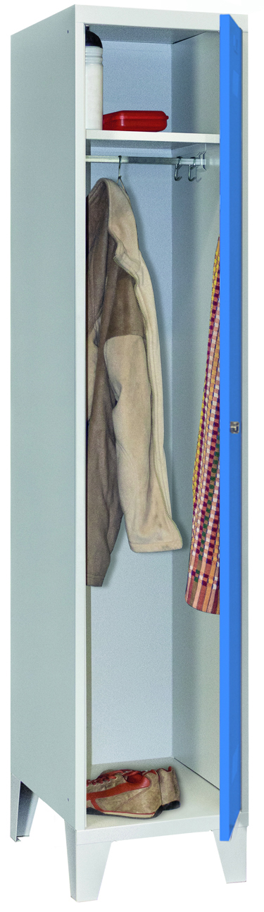 Pavoy Spind mit Füßen 1850 x 400 x 500 mm - 1 Abteil mit Drehriegel - RAL 7035 | 5012 Garderobenschrank Stahl Fachbreite 400 mm mit Hutboden und Kleiderstange - Korpus lichtgrau | Türen lichtblau (PA-60201-114-032-735512) Bild-01