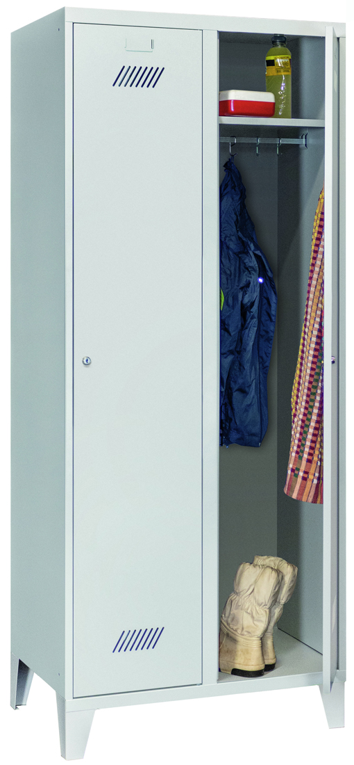 Pavoy Spind mit Füßen 1850 x 800 x 500 mm - 2 Abteile mit Zylinderschloss - RAL 7035 Garderobenschrank Stahl Fachbreite 400 mm mit Hutboden und Kleiderstange - Korpus lichtgrau | Türen lichtgrau (PA-60201-214-031-735) Bild-01