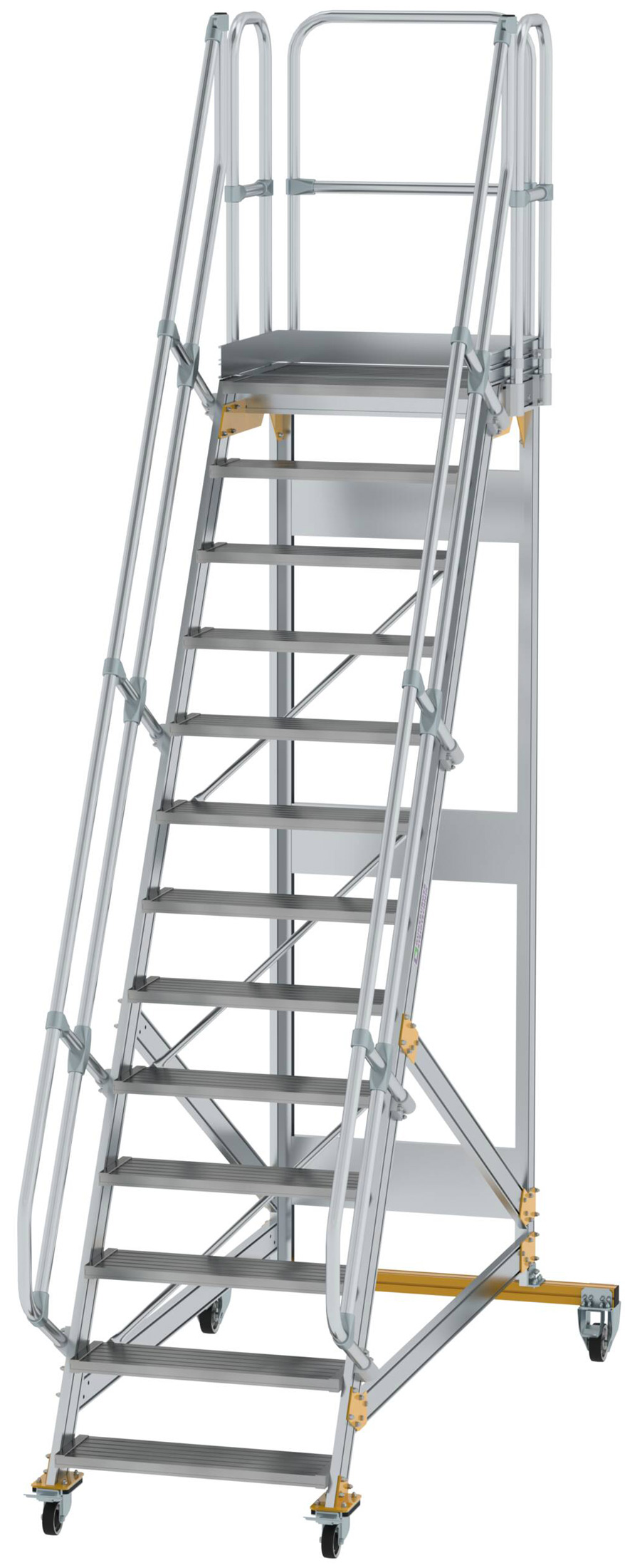 Günzburger Podesttreppe fahrbar 60° 13 Stufen - 800 mm breit Alutreppe fahrbar mit Umlaufgeländer - Stufenausführung Alu gerieft (GB-600733) Bild-01
