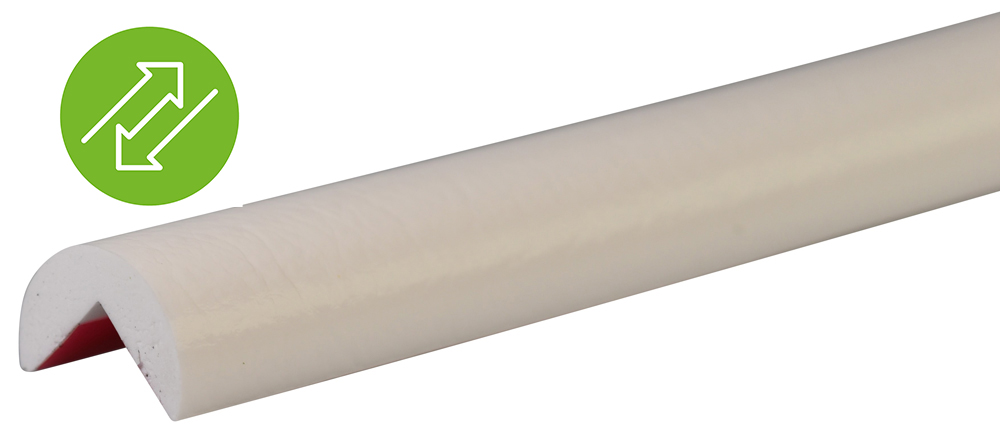 Knuffi Eckschutzprofil Typ A Ø 40 mm weiß PU - 1,00 m Removable Warnschutz Profil Rundprofil mit Winkelaussparung aus Polyurethan - Eckprofil einfarbig mit wiederverwendbaren Klebekanten (SM-PA-1001) Bild-01
