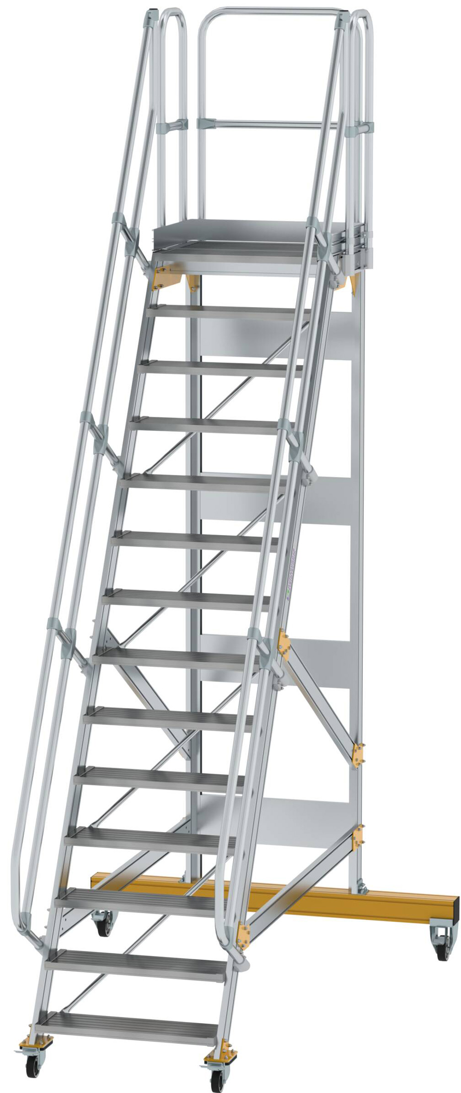 Günzburger Podesttreppe fahrbar 60° 14 Stufen - 800 mm breit Alutreppe fahrbar mit Umlaufgeländer - Stufenausführung Alu gerieft (GB-600734) Bild-01