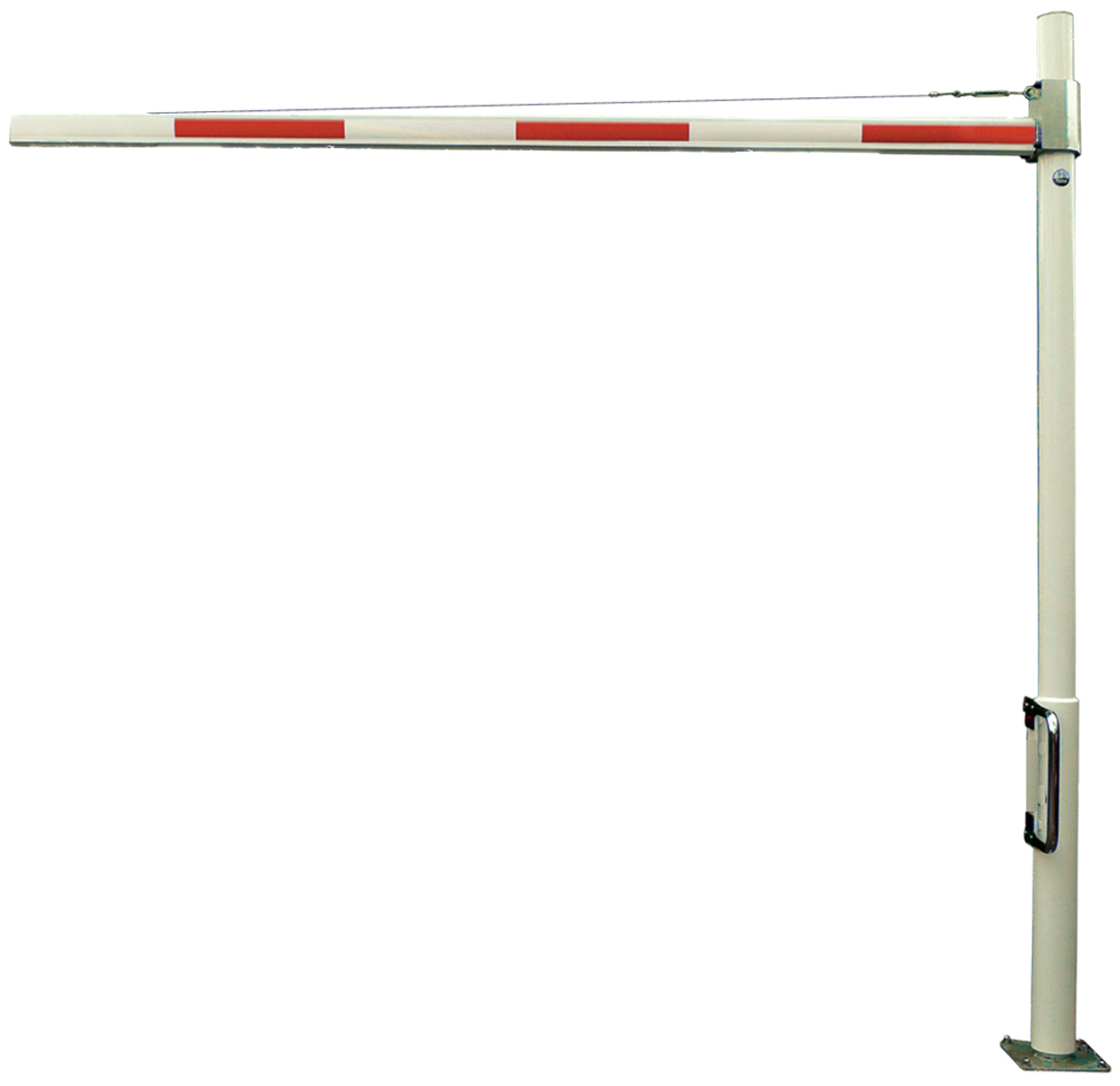 Mannus Höhensperre HBS 50 rot | weiß mit Drehpfosten 3,50 m | Durchfahrtshöhe 2,80 m - mit Vorhangschloss Höhenbegrenzer eckig 86 x 46 mm mit Seilverstärkung drehbar alle 90° verriegelbar ortsfest zum Aufdübeln - Pfosten Stahl | Sperrbalken Alu (MA-3-050-