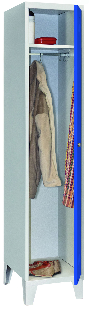 Pavoy Spind mit Füßen 1850 x 400 x 500 mm - 1 Abteil mit Drehriegel - RAL 7035 | 5010 Garderobenschrank Stahl Fachbreite 400 mm mit Hutboden und Kleiderstange - Korpus lichtgrau | Türen enzianblau (PA-60201-114-032-735510) Bild-01