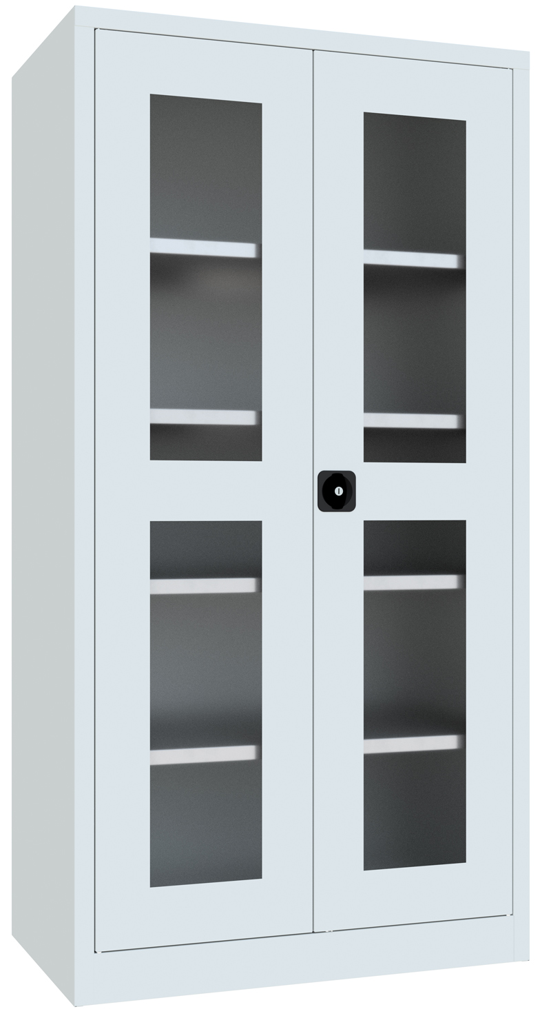 Pavoy Flügeltürenschrank mit Sichtfenstertüren 1950 x 1000 x 600 mm - 4 Fachböden verzinkt - RAL 7035 Werkstattschrank Stahl mit Fachböden 983 x 565 mm - Korpus lichtgrau | Türen lichtgrau | Böden verzinkt (PA-31310-100-690-735) Bild-01