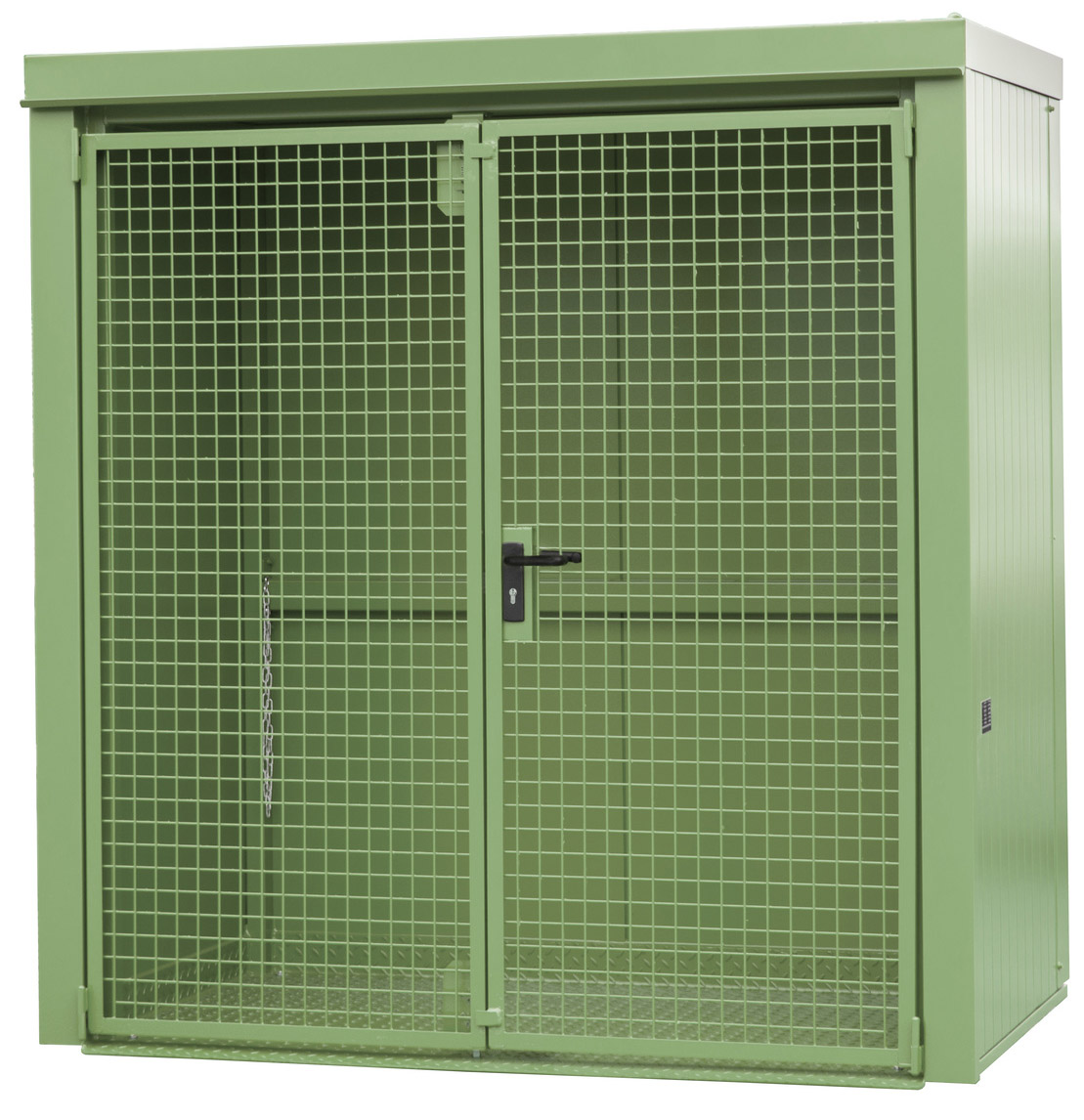Bauer Gasflaschen-Container Stahl GFC-B M1 - RAL 6011 Gasflaschenlager resedagrün pulverbeschichtet mit Tränenblechboden und Doppelflügeltor - Stahlschrank für 28 Flasche Ø 230 mm (BA-4477-31-0000-4) Bild-01