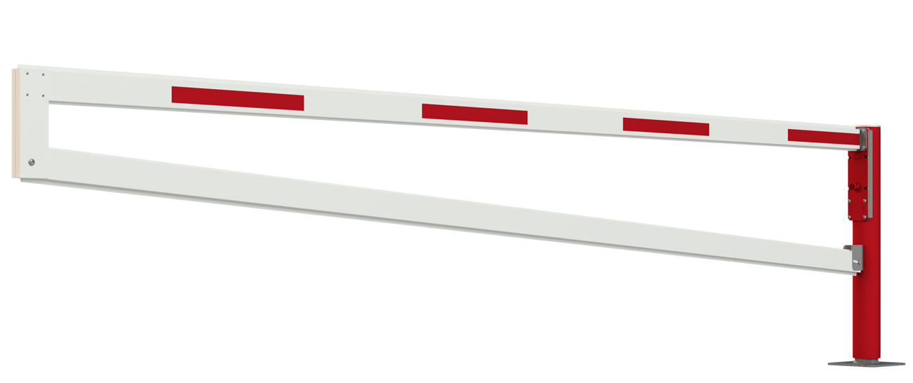 Mannus Drehschranke WES 145 rot | weiß mit Trapez-Sperrbügel 1,50 m - mit Vorhangschloss Wegeschranke eckig 86 x 46 mm ortsfest zum Aufdübeln - Pfosten Stahl | Sperrbalken Alu (MA-3-145-1500-0027-VS) Bild-01