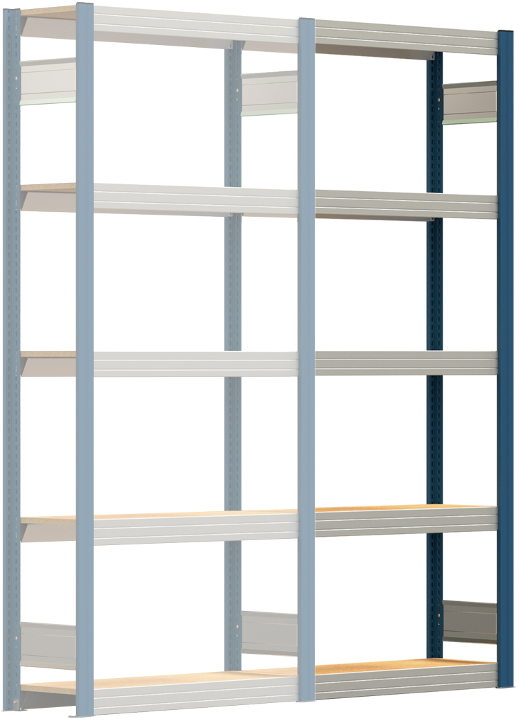 Regalwerk BERT Großfachregal 250|5 Anbaufeld 2000 x 875 x 300 mm - RAL 5010 Fachregal - Fachlast 250 kg - 5 Holz-Einlegeböden mit Stufenbalken verzinkt | Regalrahmen enzianblau pulverbeschichtet (RW-B3-46112-30-EB) Bild-01