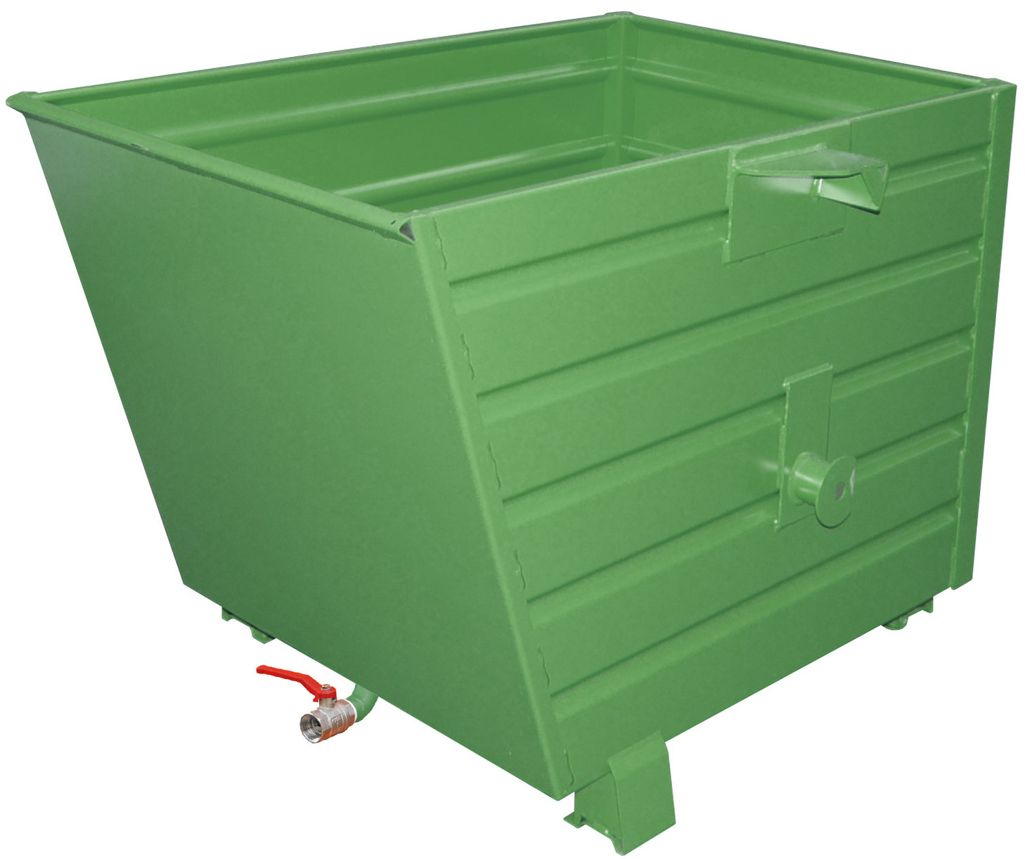 Bauer Späne-Stapelkippbehälter BSL-70 - RAL 6011 Kippmulde 700 Liter für Stapler mit Ablasshahn und Lochblechboden - Schuttmulde resedagrün pulverbeschichtet (BA-4420-17-0000-4) Bild-01