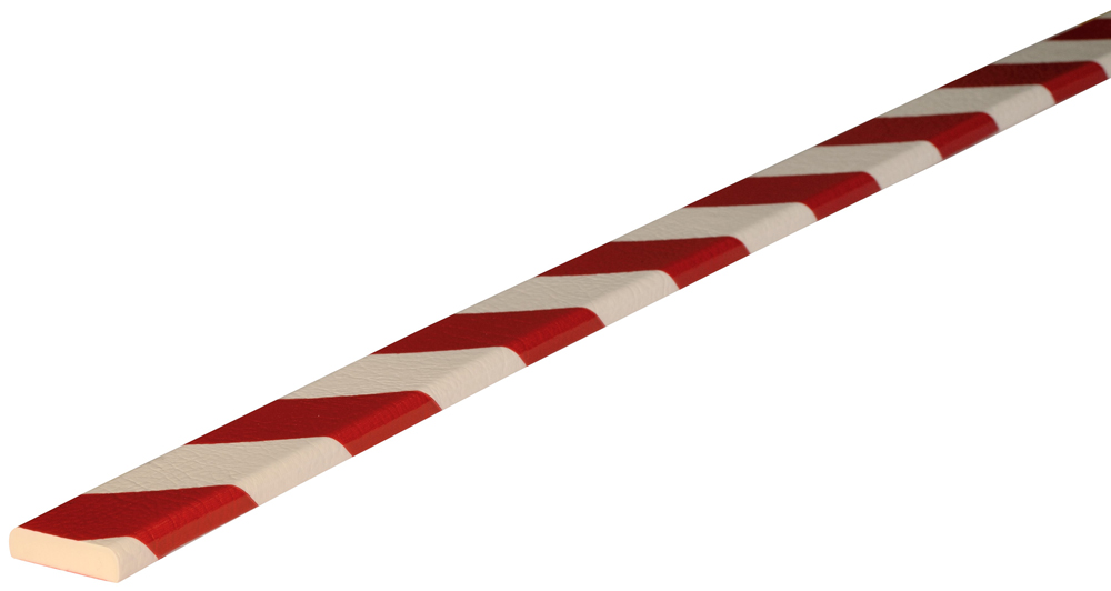 Knuffi Wandschutz Profil Typ F 40 x 11 mm rot | weiß PU - 1,00 m Standard Warnschutz Profil Flachleiste extra schmal aus Polyurethan - Flächenprofil gestreift mit selbstklebender Fläche (SM-PF-10115) Bild-01