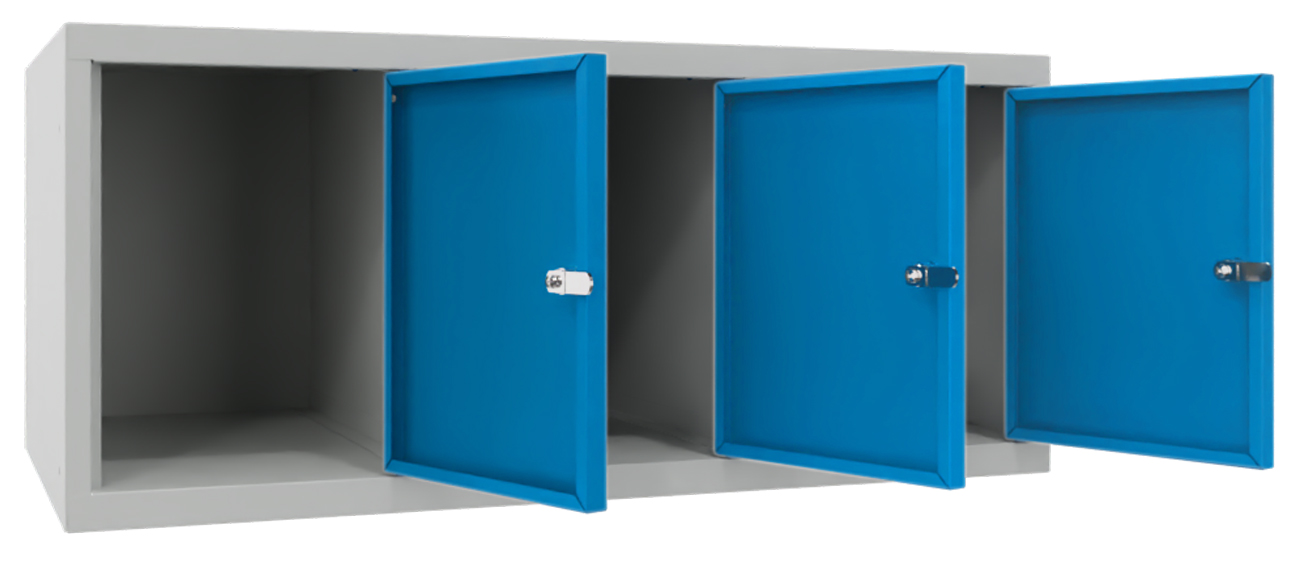 Pavoy Spind Aufsatz 395 x 900 x 500 mm - 3 Abteile mit Drehriegel - RAL 7035 | 5012 Garderobenschrank Aufsatz Stahl Fachbreite 300 mm - Korpus lichtgrau | Türen lichtblau (PA-63268-313-002-735512) Bild-01