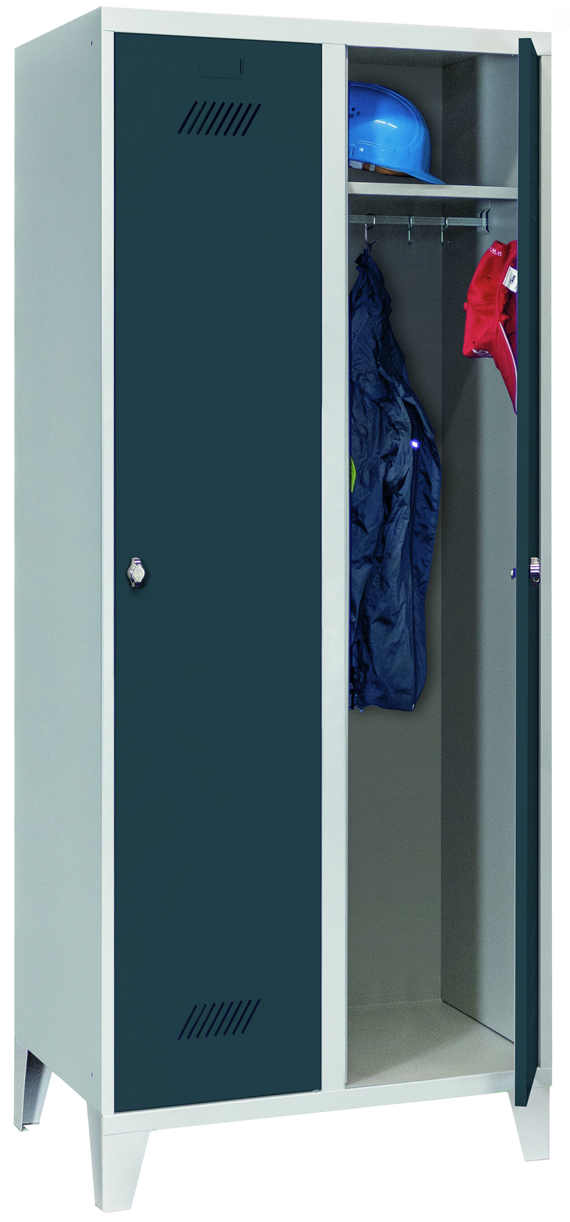 Pavoy Spind mit Füßen 1850 x 800 x 500 mm - 2 Abteile mit Drehriegel - RAL 7035 | 7016 Garderobenschrank Stahl Fachbreite 400 mm mit Hutboden und Kleiderstange - Korpus lichtgrau | Türen anthrazitgrau (PA-60201-214-032-735716) Bild-01
