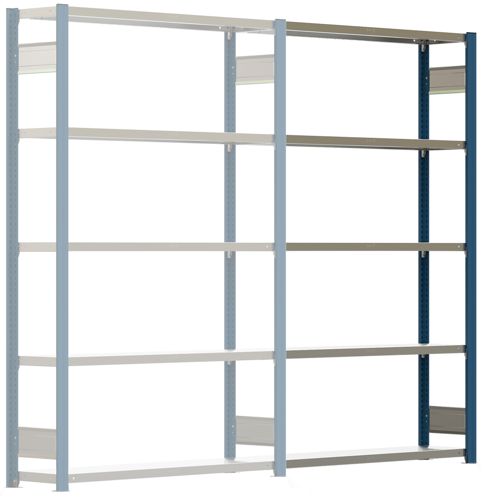 Regalwerk BERT Lagerregal 150|5 Anbaufeld 2000 x 1285 x 300 mm - RAL 5010 Regal mit Kreuzdiagonalen - Fachlast 150 kg - 5 Stahlfachböden verzinkt | Regalrahmen enzianblau pulverbeschichtet (RW-B3-43132-30-EB) Bild-01