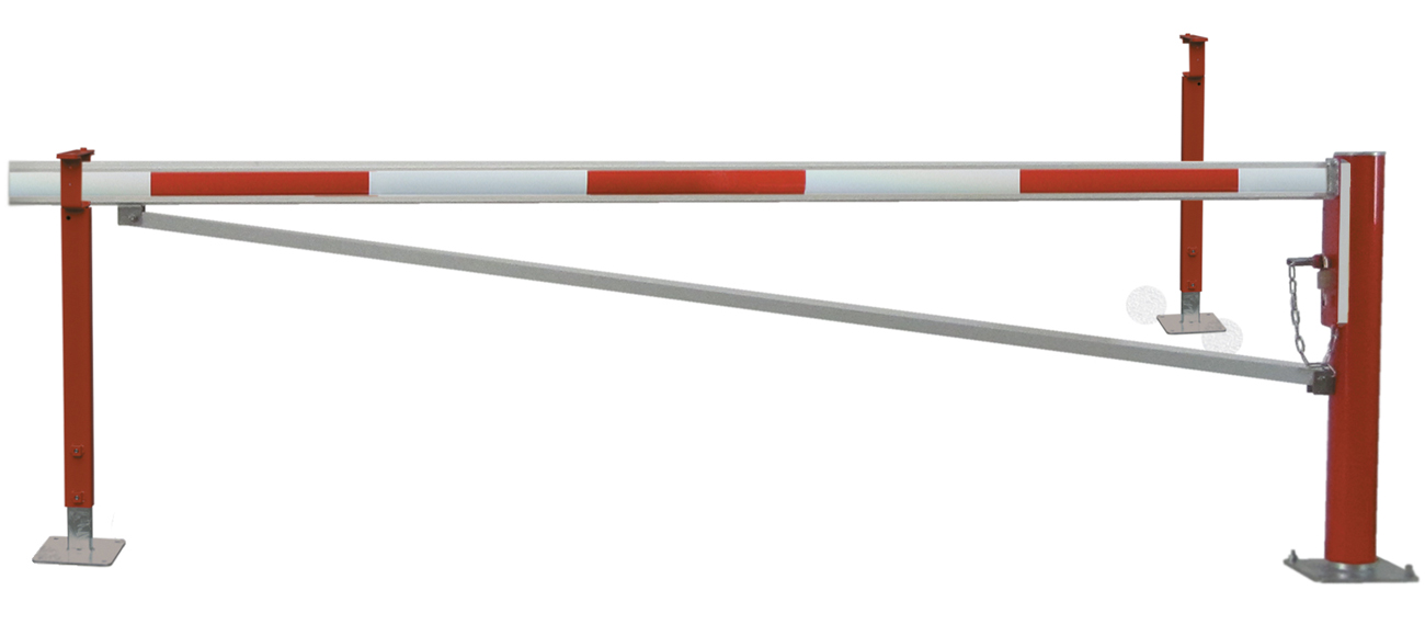 Mannus Drehschranke WES 105 rot | weiß mit Sperrbalken und 2 Auflagestützen 4,50 m - mit Vorhangschloss Wegeschranke eckig 86 x 46 mm mit Diagonale ortsfest zum Aufdübeln - Pfosten Stahl | Sperrbalken Alu (MA-3-105-4500-0108-VS) Bild-01