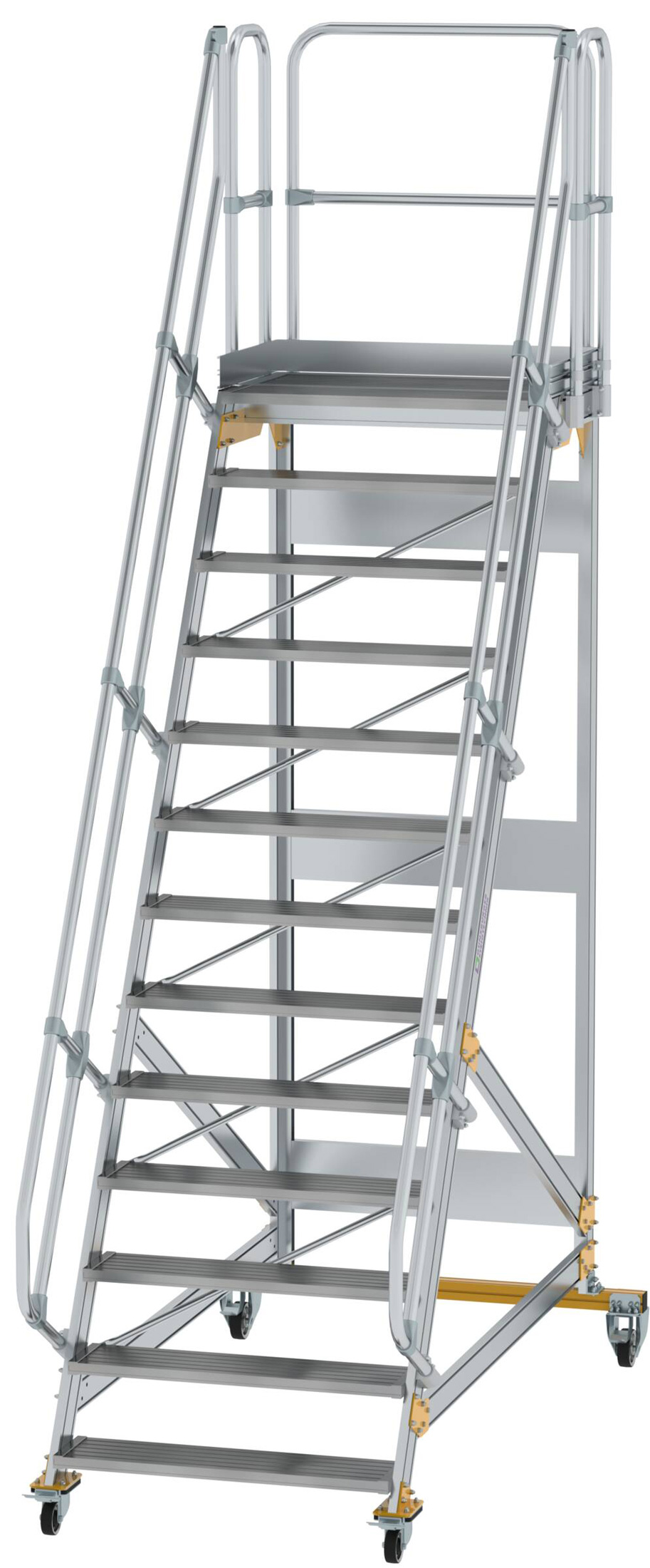 Günzburger Podesttreppe fahrbar 60° 13 Stufen - 1000 mm breit Alutreppe fahrbar mit Umlaufgeländer - Stufenausführung Alu gerieft (GB-600753) Bild-01