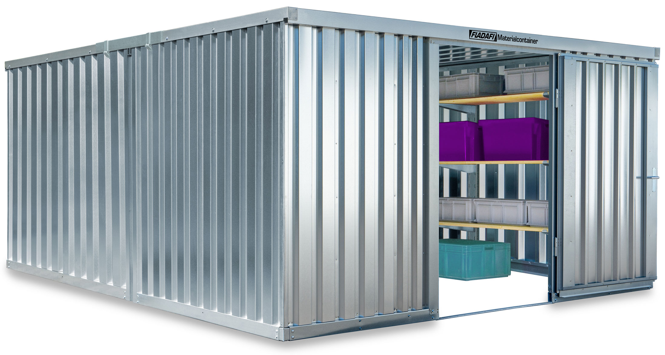 FLADAFI Materialcontainer Kombination 4050 x 4340 x 2150 mm ohne Holzboden - 1-flügelige Tür auf 4 m Seite Container MC 1440 mit Tür 1270 x 1890 mm - Container Kombi 16 m² - Lagercontainer unmontiert (SB-F14430101) Bild-01