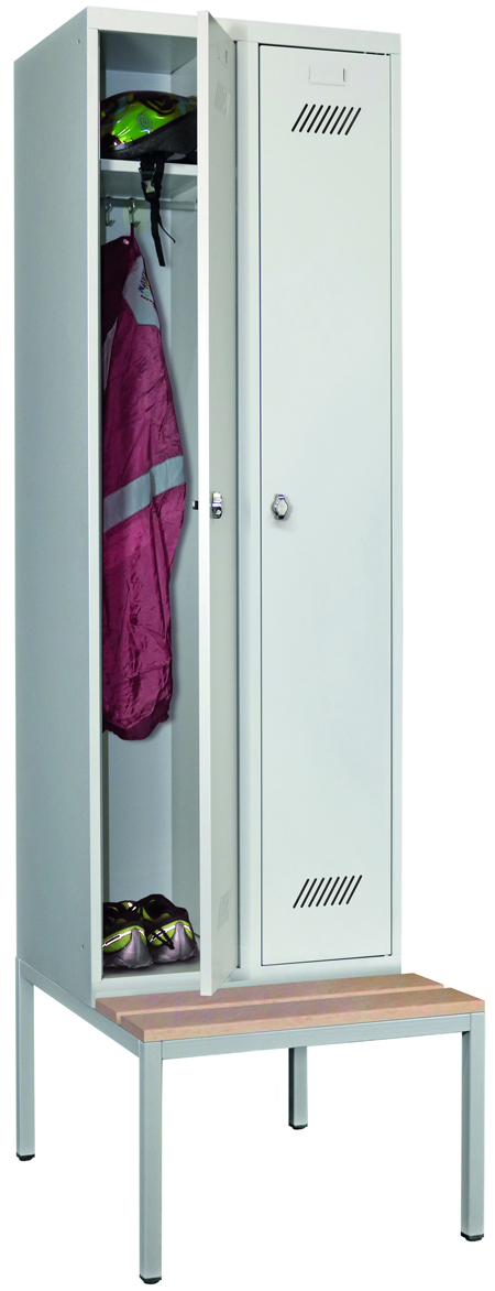 Pavoy Spind mit Sitzbank Holz Buche 2150 x 600 x 500 mm - 2 Abteile mit Drehriegel - RAL 7035 Garderobenschrank Stahl Fachbreite 300 mm mit Hutboden und Kleiderstange - Korpus lichtgrau | Türen lichtgrau | Sitzbank Holzleiste (PA-60212-213-532-735) Bild-0