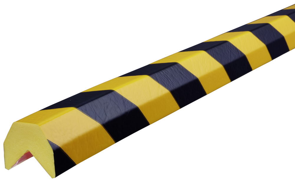 Knuffi Eckschutzprofil Typ AA 40 x 36 mm gelb | schwarz PU - 5,00 m Standard Warnschutz Profil Sechskantprofil mit Winkelaussparung aus Polyurethan - Eckprofil gestreift mit selbstklebenden Kanten (SM-PA-14020) Bild-01
