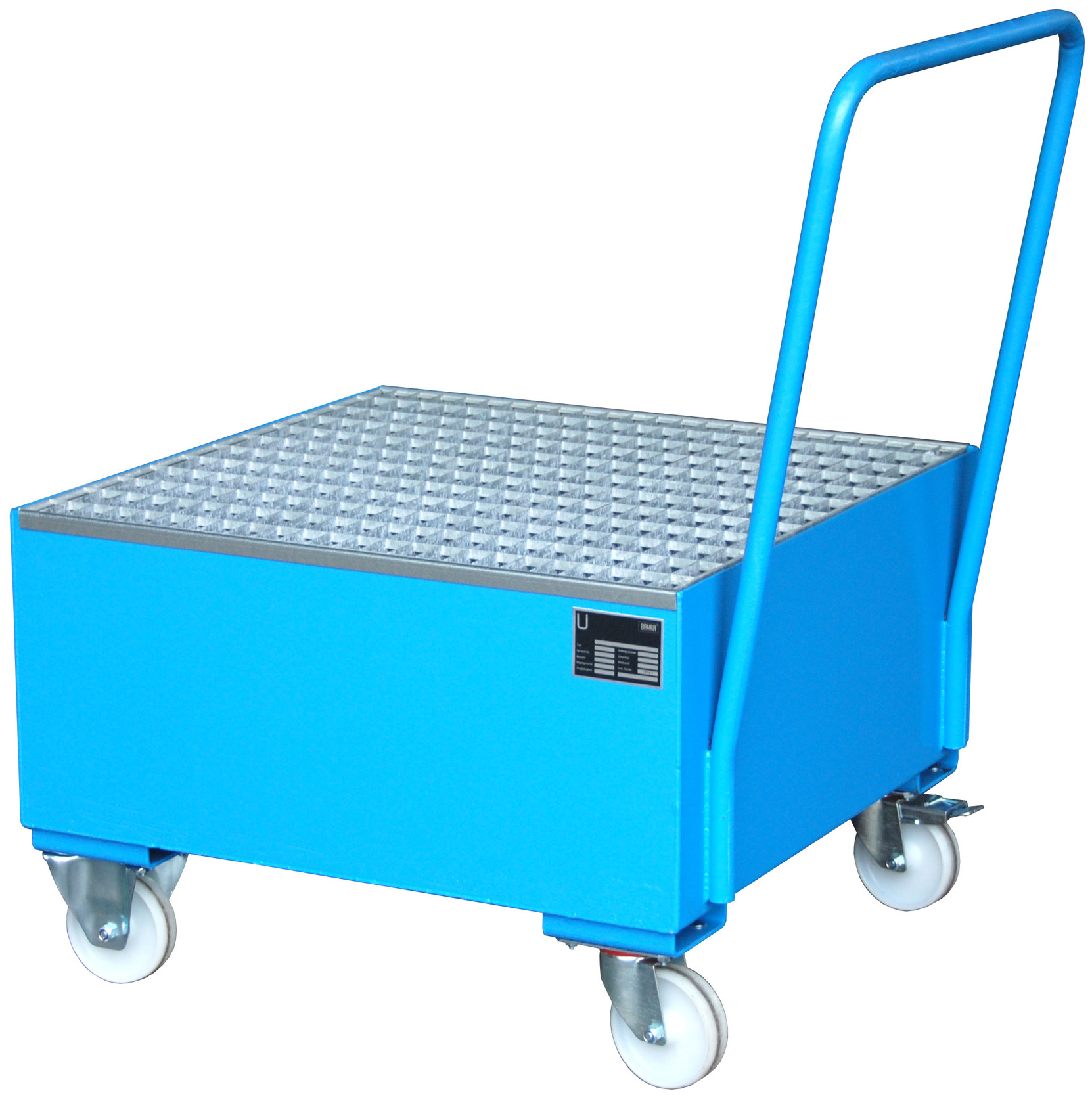 Bauer Auffangwanne fahrbar Stahl Serie 2004|2005 - RAL 5012 Gefahrstoffwanne mobil lichtblau pulverbeschichtet mit Gitterrost - Stahlwanne für 1 Fass 200 Liter (BA-4471-05-0000-3) Bild-01