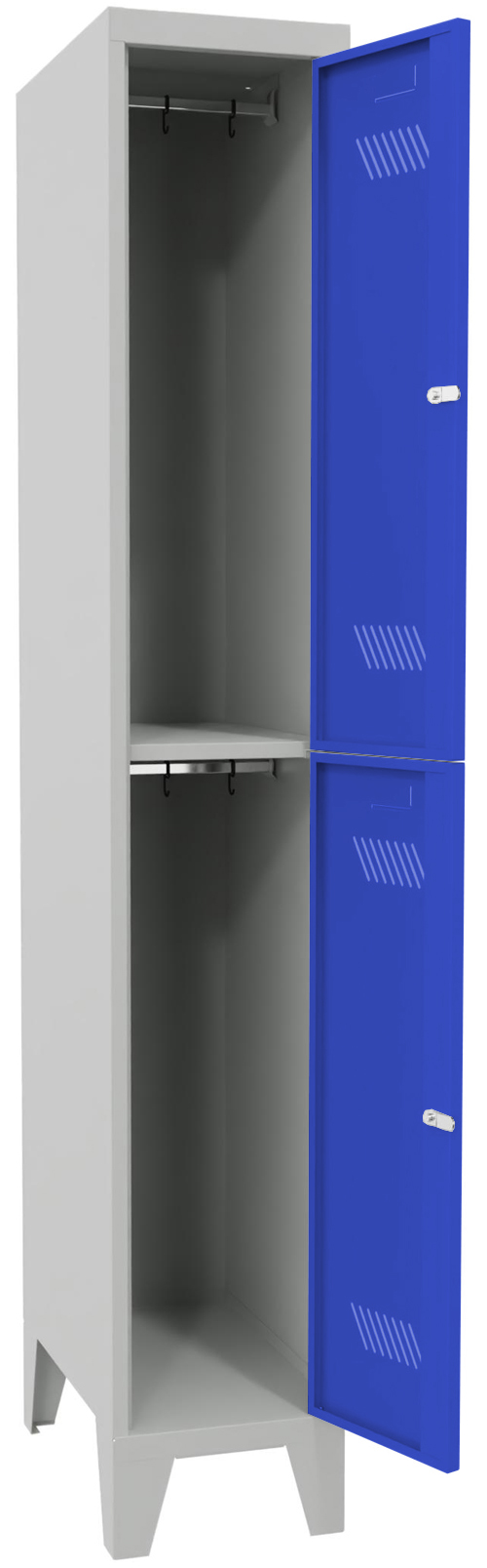 Pavoy Schließfach Spind mit Füßen 1850 x 300 x 500 mm - 2 Abteile mit Drehriegel - RAL 7035 | 5010 Schließfach Schrank Stahl Fachbreite 300 mm mit Kleiderstange - Korpus lichtgrau | Türen enzianblau (PA-60260-123-032-735510) Bild-01