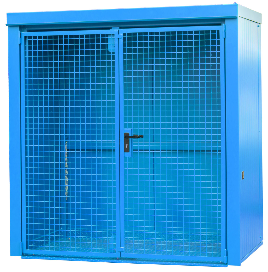 Bauer Gasflaschen-Container Stahl GFC-B M1 - RAL 5012 Gasflaschenlager lichtblau pulverbeschichtet mit Tränenblechboden und Doppelflügeltor - Stahlschrank für 28 Flasche Ø 230 mm (BA-4477-31-0000-3) Bild-01