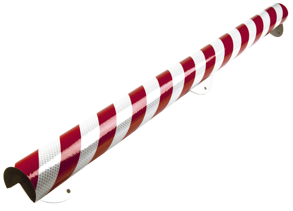 Knuffi Schutzprofil Kit Typ A+ Ø 60 mm rot | weiß PU - 1,00 m reflective Warnschutz Profil Rundprofil mit Winkelaussparung aus Polyurethan - Eckprofil gestreift reflektierend | mit Befestigungswinkel Edelstahl (SM-WPAR-17720) Bild-01